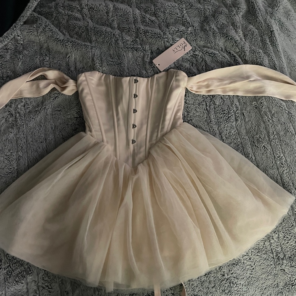 Oh Polly “Reine” Off Shoulder Tulle Skirt Mini Dress in Ivory